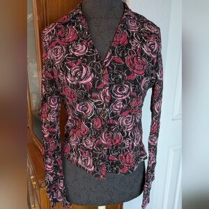 INC Y2k Rose mesh Button Up Blouse